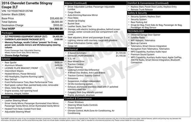 2016 Chevrolet Corvette Stingray 2LT